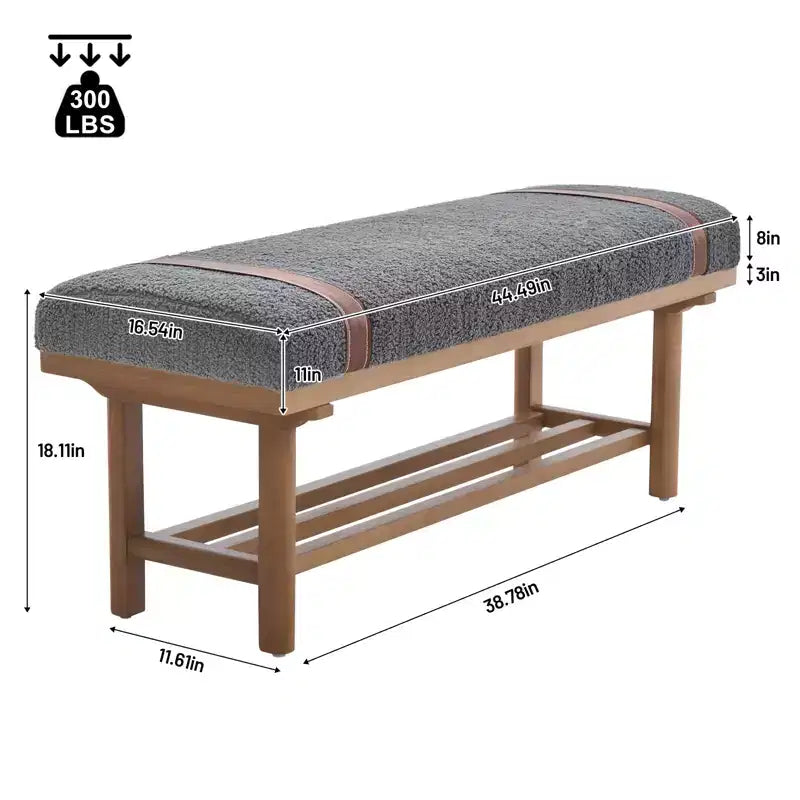 Bekrvio 44-Inch Teddy Fleece Upholstered Bench  Solid Wood Frame,Mid Century Modern Bench with PU Straps for Living Room, Bedroom