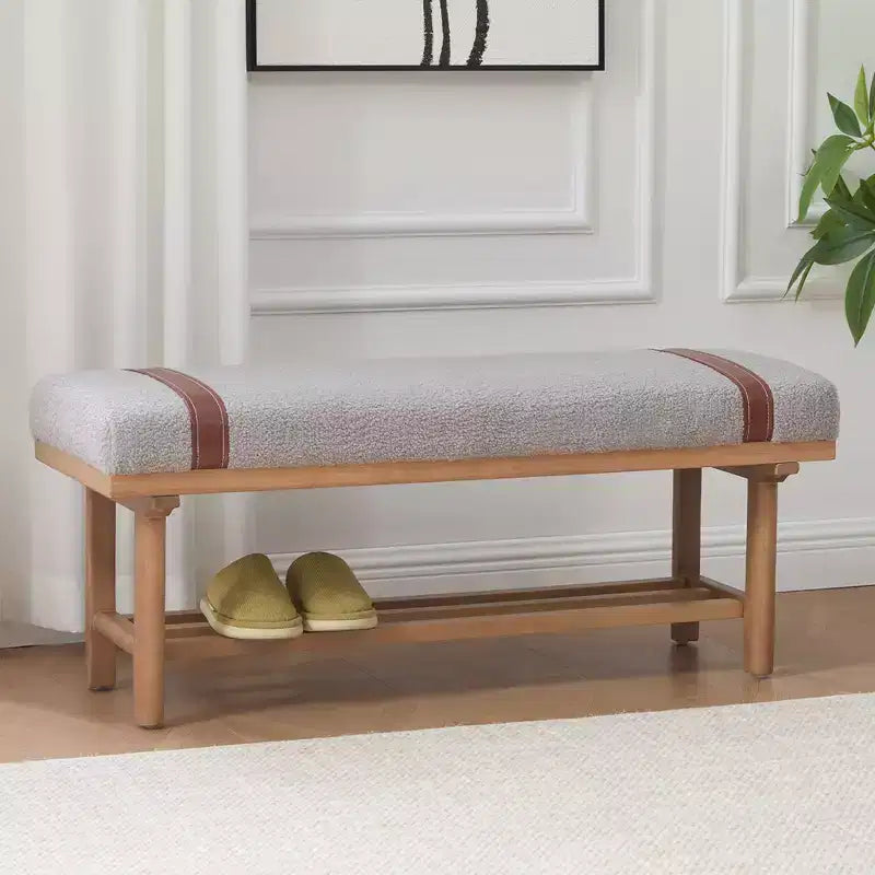 Bekrvio 44-Inch Teddy Fleece Upholstered Bench  Solid Wood Frame,Mid Century Modern Bench with PU Straps for Living Room, Bedroom