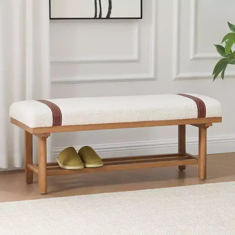 Bekrvio 44-Inch Teddy Fleece Upholstered Bench  Solid Wood Frame,Mid Century Modern Bench with PU Straps for Living Room, Bedroom