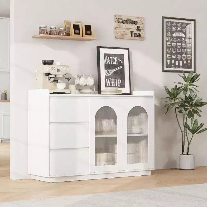 COZONY 48 Buffet Cabinet with 3 Drawers, Glass Doors & LED Lights, Modern Sideboard Storage Coffee Bar for Kitchen Dining Room