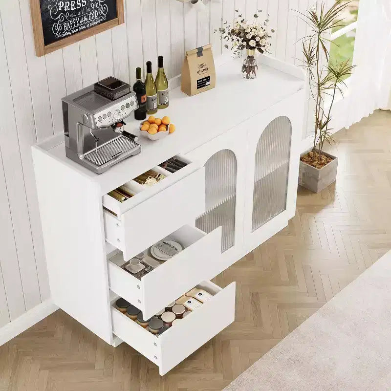 Credenza da 48" con 3 cassetti, ante in vetro e luci LED, madia moderna