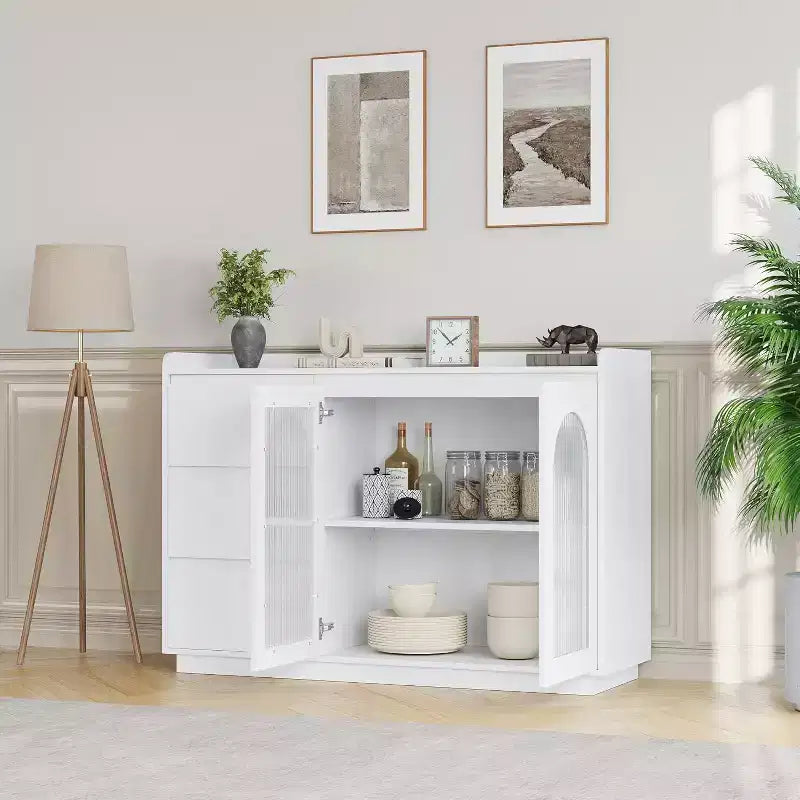 Credenza da 48" con 3 cassetti, ante in vetro e luci LED, madia moderna