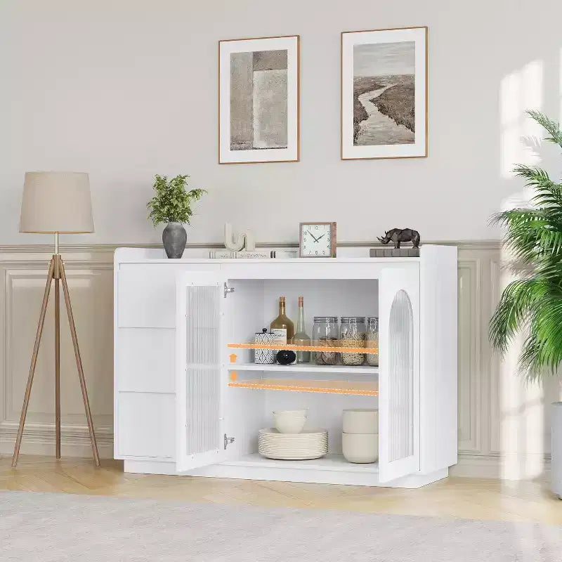 Credenza da 48" con 3 cassetti, ante in vetro e luci LED, madia moderna