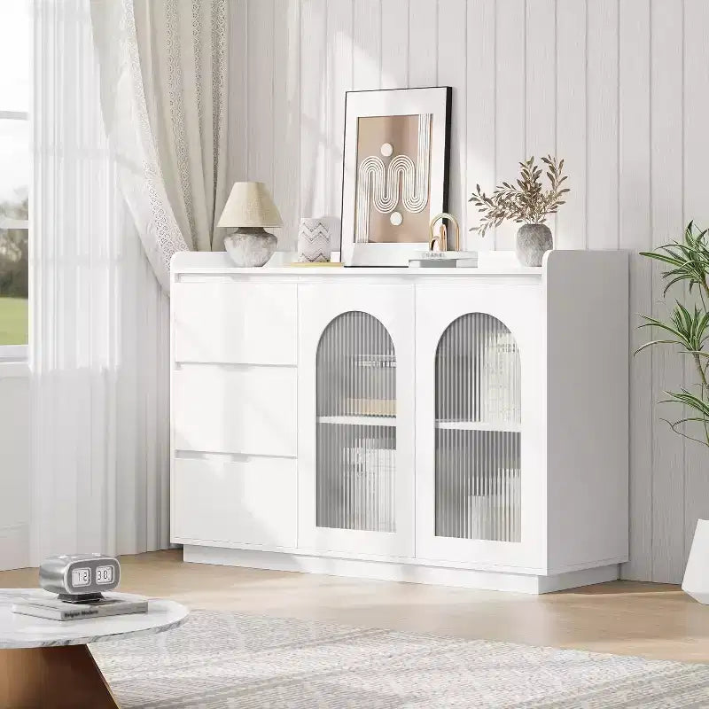 Credenza da 48" con 3 cassetti, ante in vetro e luci LED, madia moderna
