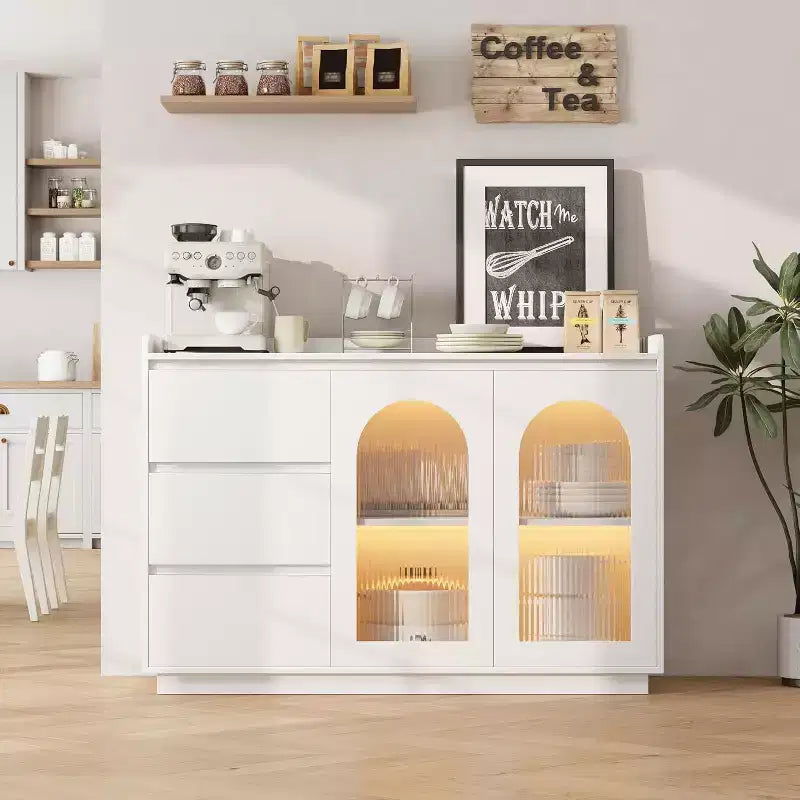 Credenza da 48" con 3 cassetti, ante in vetro e luci LED, madia moderna