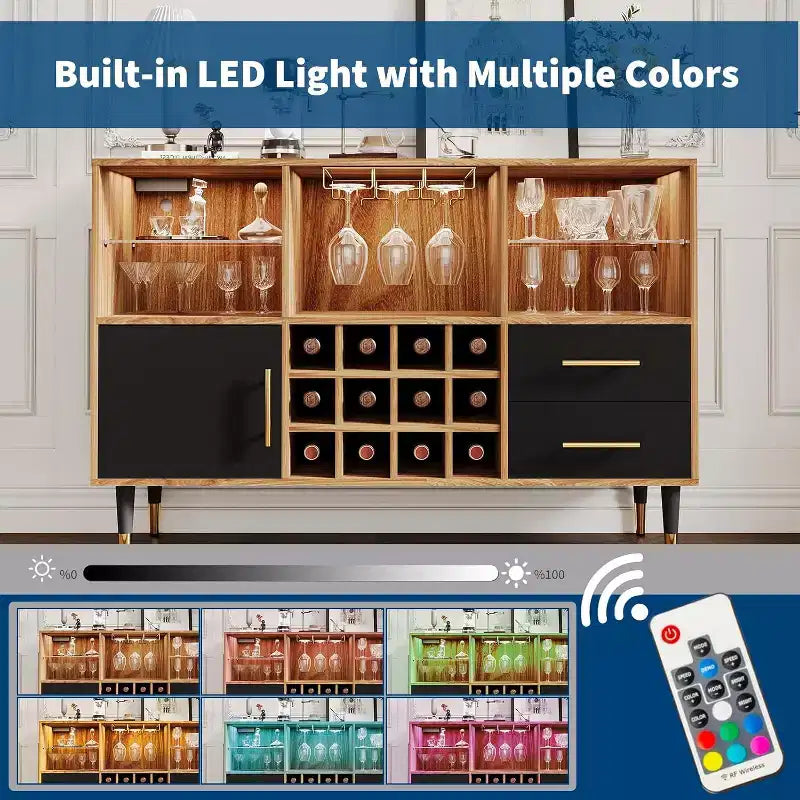 COZONY 47in Wine Bar Cabinet with LED Lights & Charging, Modern Home Bar with Wine Rack & Storage