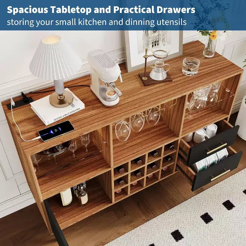 COZONY 47in Wine Bar Cabinet with LED Lights & Charging, Modern Home Bar with Wine Rack & Storage