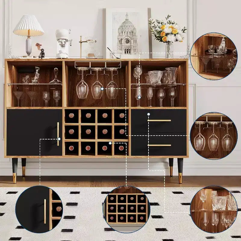 COZONY 47in Wine Bar Cabinet with LED Lights & Charging, Modern Home Bar with Wine Rack & Storage