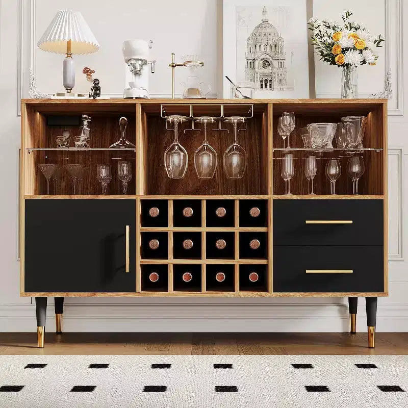 COZONY 47in Wine Bar Cabinet with LED Lights & Charging, Modern Home Bar with Wine Rack & Storage