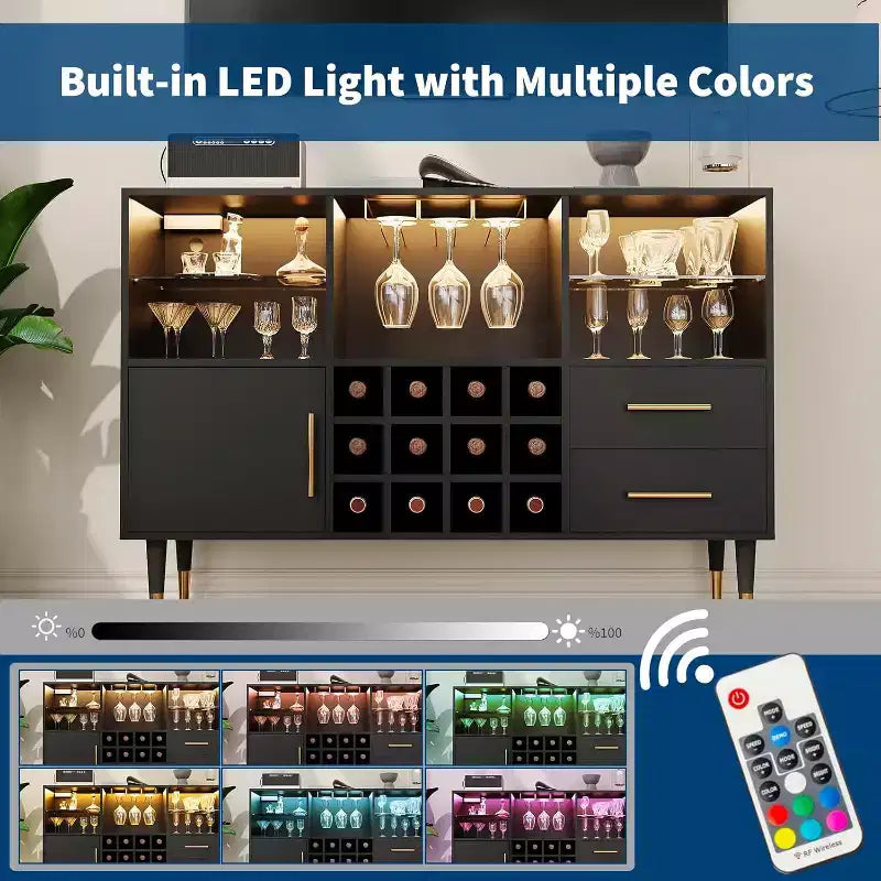 COZONY 47in Wine Bar Cabinet with LED Lights & Charging, Modern Home Bar with Wine Rack & Storage
