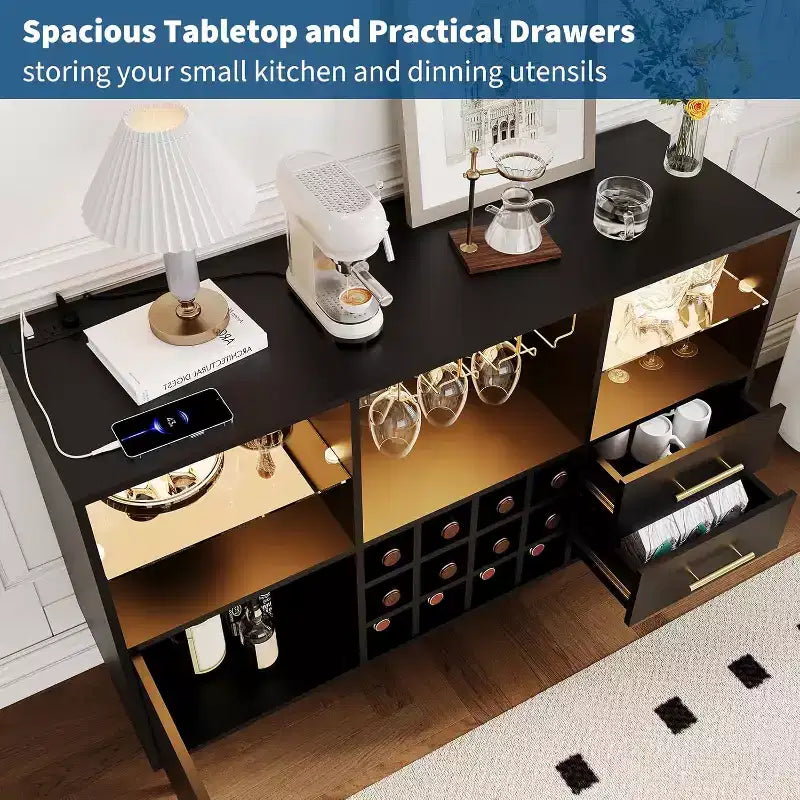 COZONY 47in Wine Bar Cabinet with LED Lights & Charging, Modern Home Bar with Wine Rack & Storage