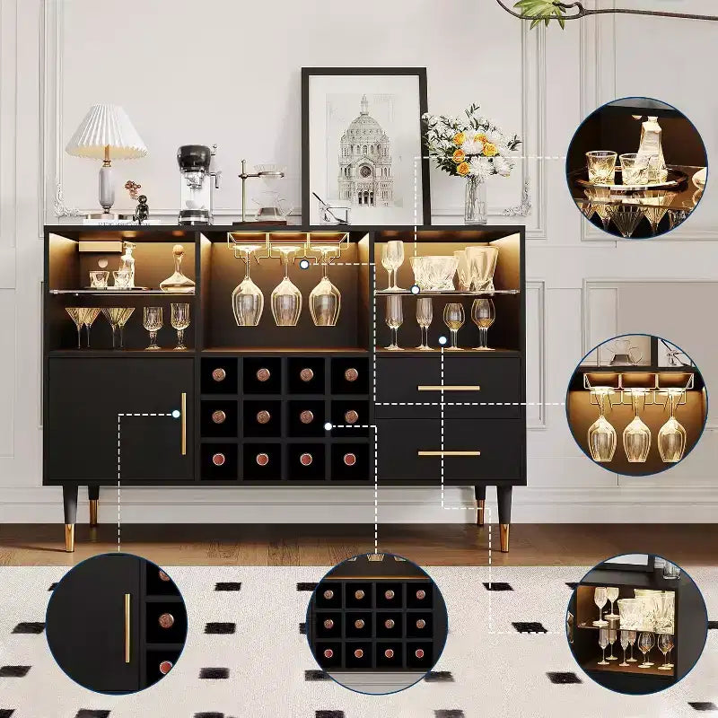 COZONY 47in Wine Bar Cabinet with LED Lights & Charging, Modern Home Bar with Wine Rack & Storage