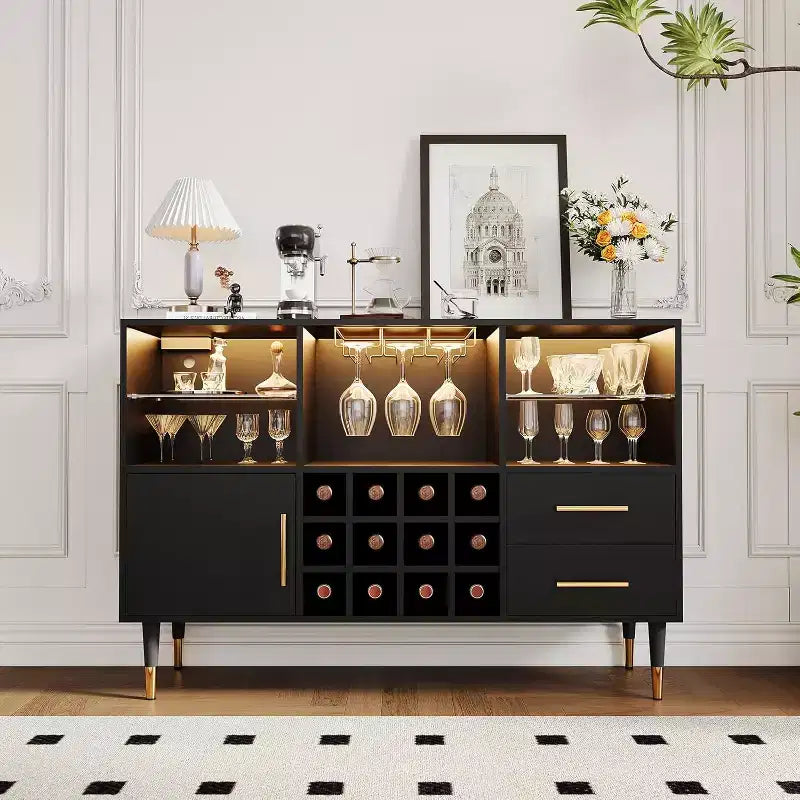 COZONY 47in Wine Bar Cabinet with LED Lights & Charging, Modern Home Bar with Wine Rack & Storage