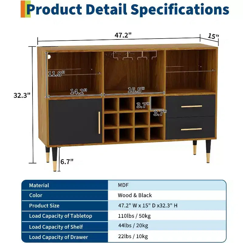 COZONY 47in Wine Bar Cabinet with LED Lights & Charging, Modern Home Bar with Wine Rack & Storage