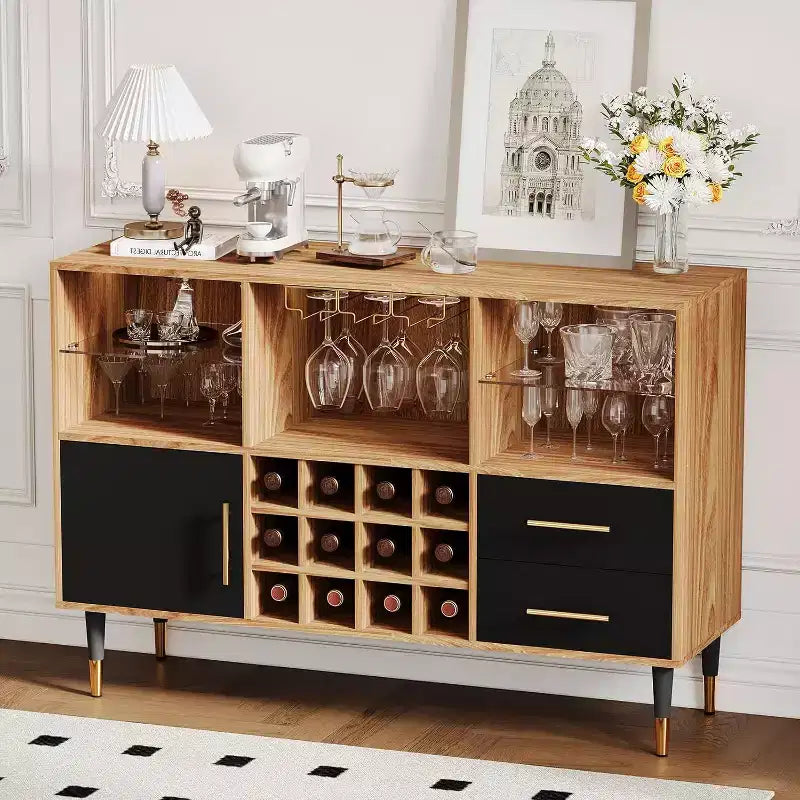 COZONY 47in Wine Bar Cabinet with LED Lights & Charging, Modern Home Bar with Wine Rack & Storage