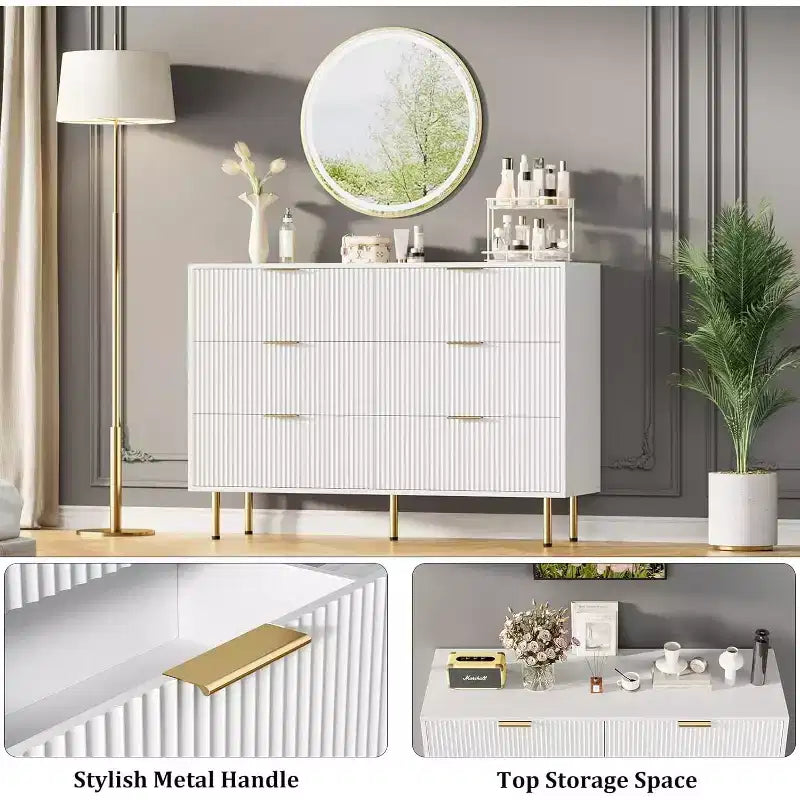 6-Drawer Dresser, Wooden Chest of Drawers, Modern Storage Fluted Panel Design Dressers for Living Room, Bedroom, Closet, Hallway, Entryway