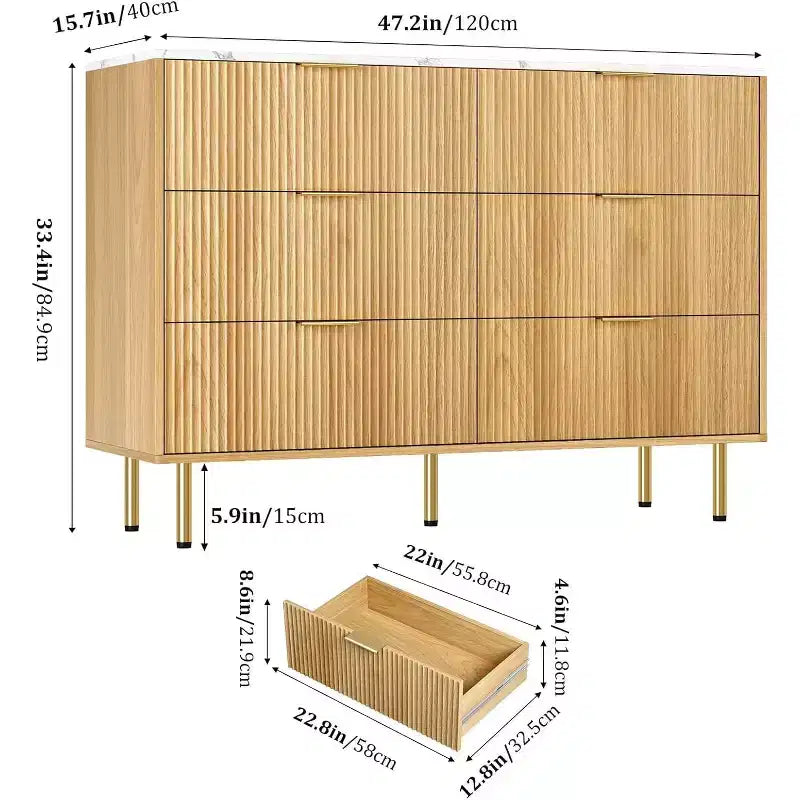 6-Drawer Dresser, Wooden Chest of Drawers, Modern Storage Fluted Panel Design Dressers for Living Room, Bedroom, Closet, Hallway, Entryway