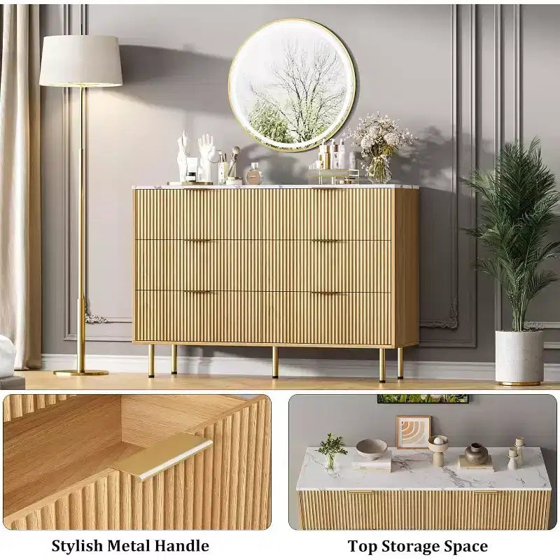 6-Drawer Dresser, Wooden Chest of Drawers, Modern Storage Fluted Panel Design Dressers for Living Room, Bedroom, Closet, Hallway, Entryway