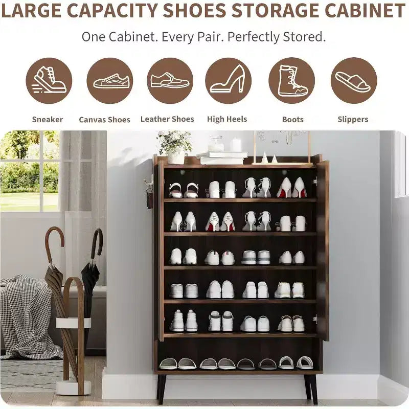 Shoe Cabinet with 2 Doors and Adjustable shelves, Modern 6-Tier Shoe Organizer with Additional Hooks for Hallway, Entryway, Living Room
