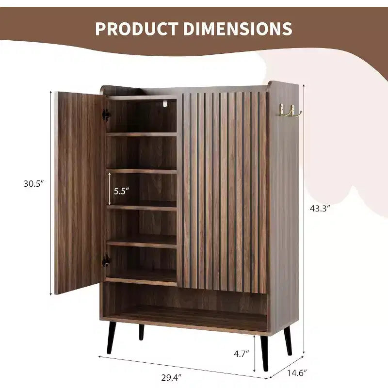Shoe Cabinet with 2 Doors and Adjustable shelves, Modern 6-Tier Shoe Organizer with Additional Hooks for Hallway, Entryway, Living Room