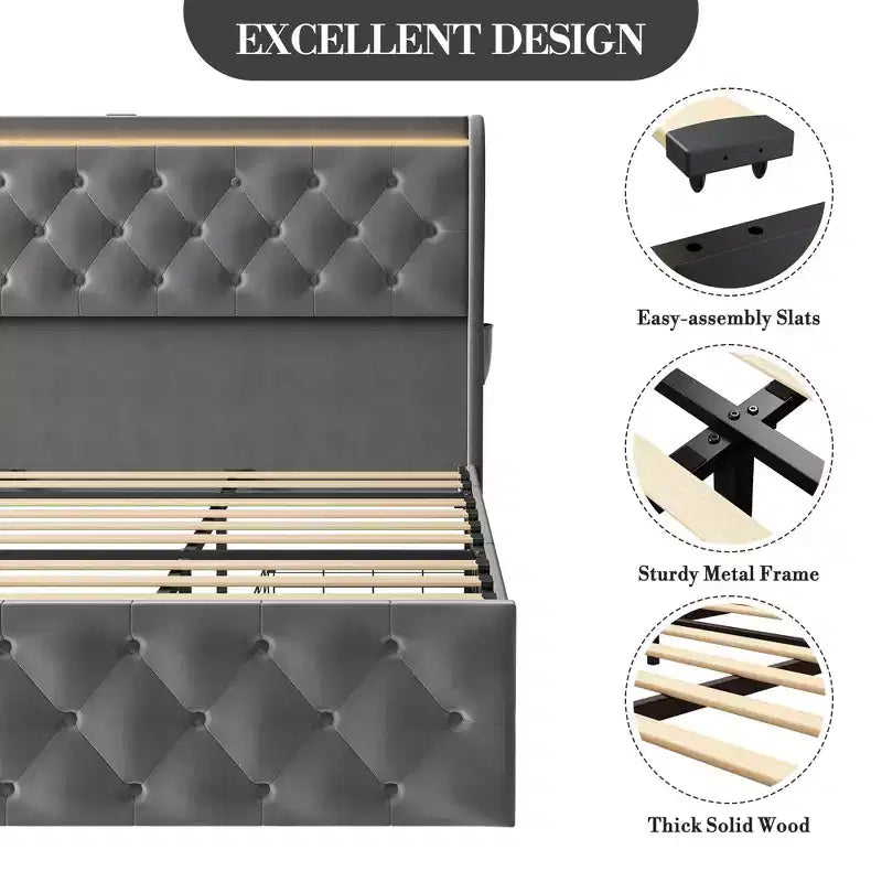 TROPOW King Size Bed Frame with Button Wingback Headboard and 4 Drawers, Velvet Upholstered Platform Bed , No Box Spring Needed