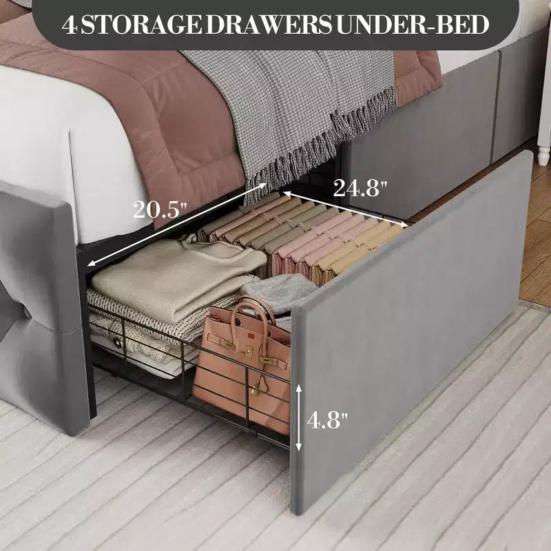 TROPOW King Size Bed Frame with Button Wingback Headboard and 4 Drawers, Velvet Upholstered Platform Bed , No Box Spring Needed