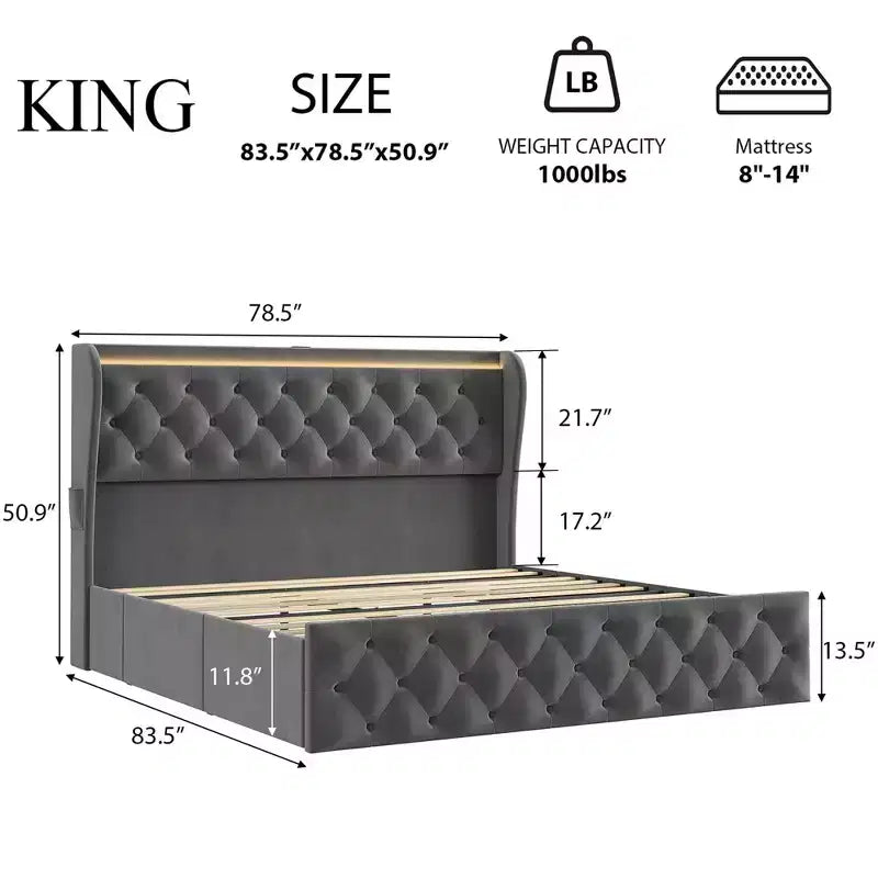 TROPOW King Size Bed Frame with Button Wingback Headboard and 4 Drawers, Velvet Upholstered Platform Bed , No Box Spring Needed