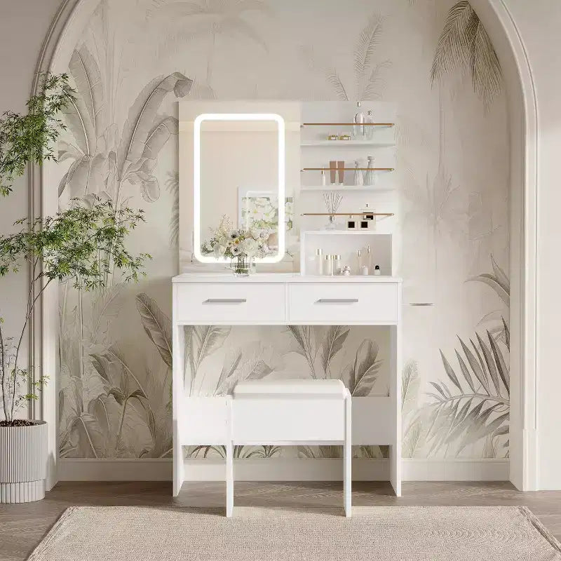 Coiffeuse COZONY avec miroir et lumières, Table de maquillage avec 2 tiroirs, Étagères de rangement ouvertes, 3 modes d'éclairage réglables pour chambre à coucher