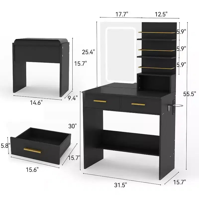 Coiffeuse COZONY avec miroir et lumières, Table de maquillage avec 2 tiroirs, Étagères de rangement ouvertes, 3 modes d'éclairage réglables pour chambre à coucher