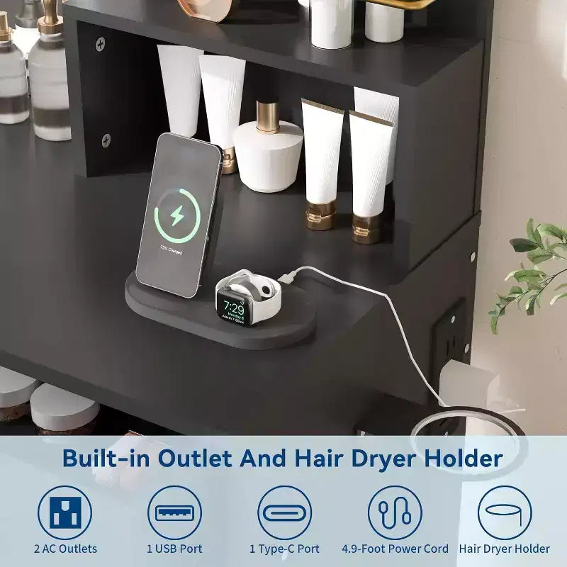 Coiffeuse COZONY avec miroir et lumières, Table de maquillage avec 2 tiroirs, Étagères de rangement ouvertes, 3 modes d'éclairage réglables pour chambre à coucher