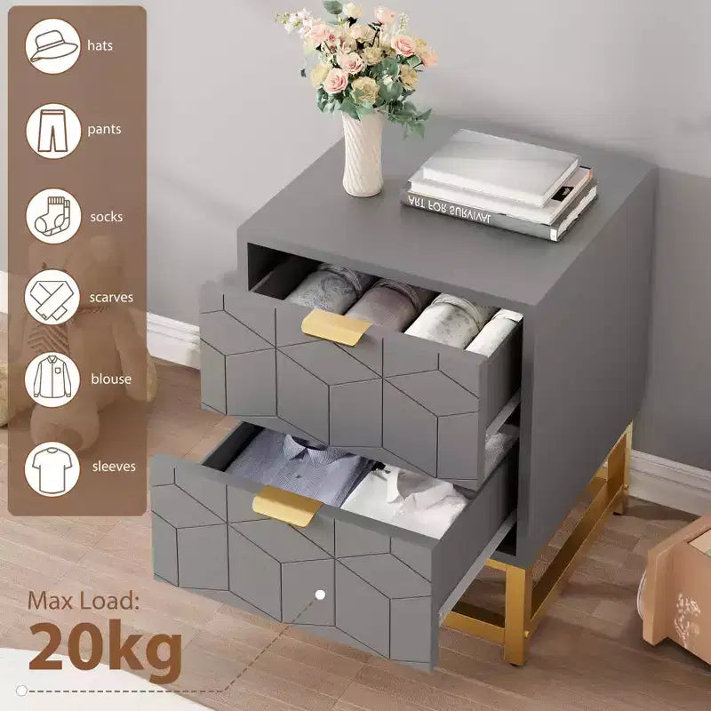 Small 2 Drawer Dresser with Gold Metal Base for Living Room, Hallway, Entryway, Nightstand
