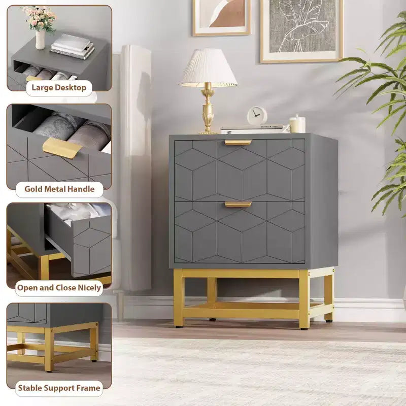 Small 2 Drawer Dresser with Gold Metal Base for Living Room, Hallway, Entryway, Nightstand