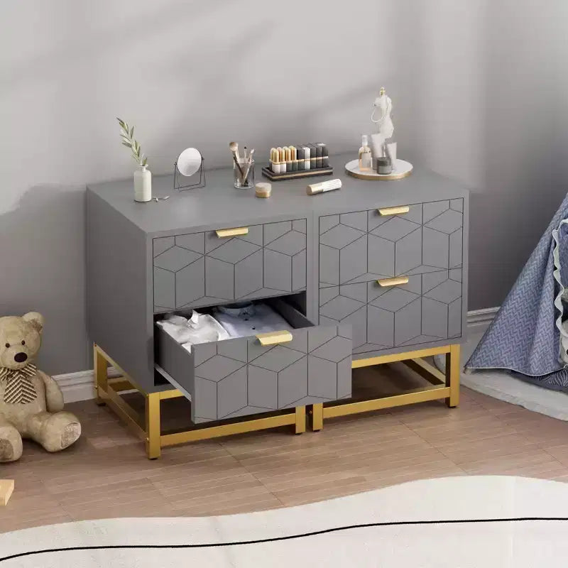 Small 2 Drawer Dresser with Gold Metal Base for Living Room, Hallway, Entryway, Nightstand