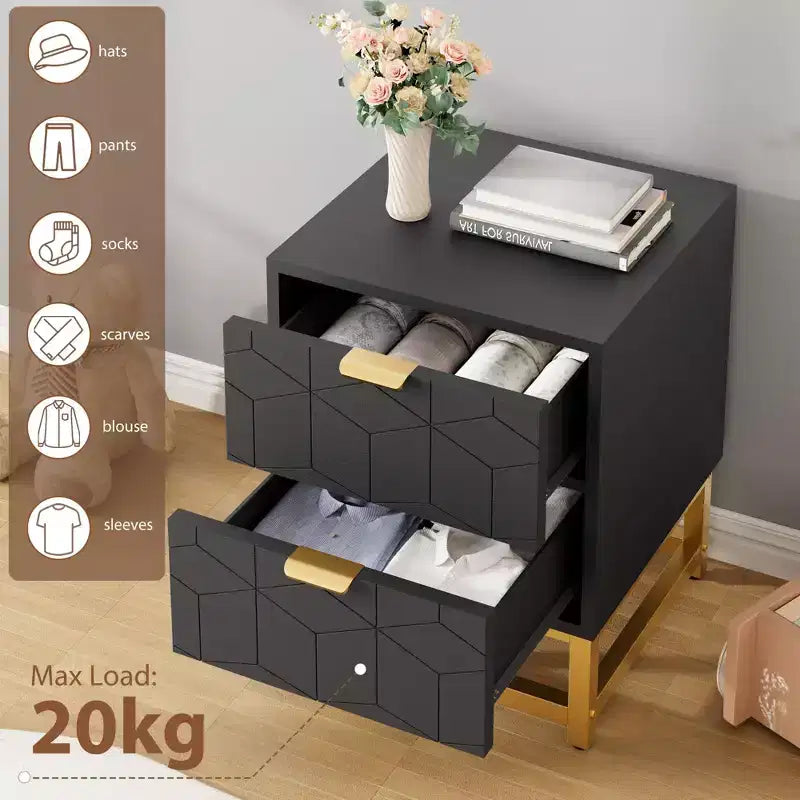 Small 2 Drawer Dresser with Gold Metal Base for Living Room, Hallway, Entryway, Nightstand