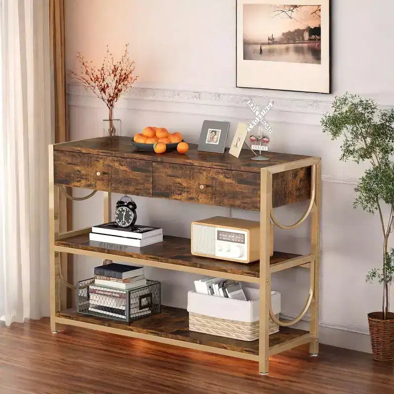Sofa Table with Drawers, Console Table Set of 2 , Narrow Entryway Table with 3-Tier Storage Shelves, End Table for Living Room Hallway Foyer Kitchen