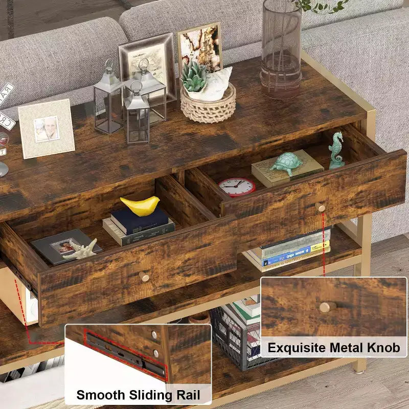 Sofa Table with Drawers, Console Table Set of 2 , Narrow Entryway Table with 3-Tier Storage Shelves, End Table for Living Room Hallway Foyer Kitchen