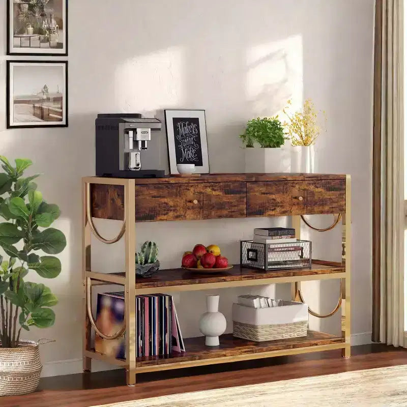 Sofa Table with Drawers, Console Table Set of 2 , Narrow Entryway Table with 3-Tier Storage Shelves, End Table for Living Room Hallway Foyer Kitchen