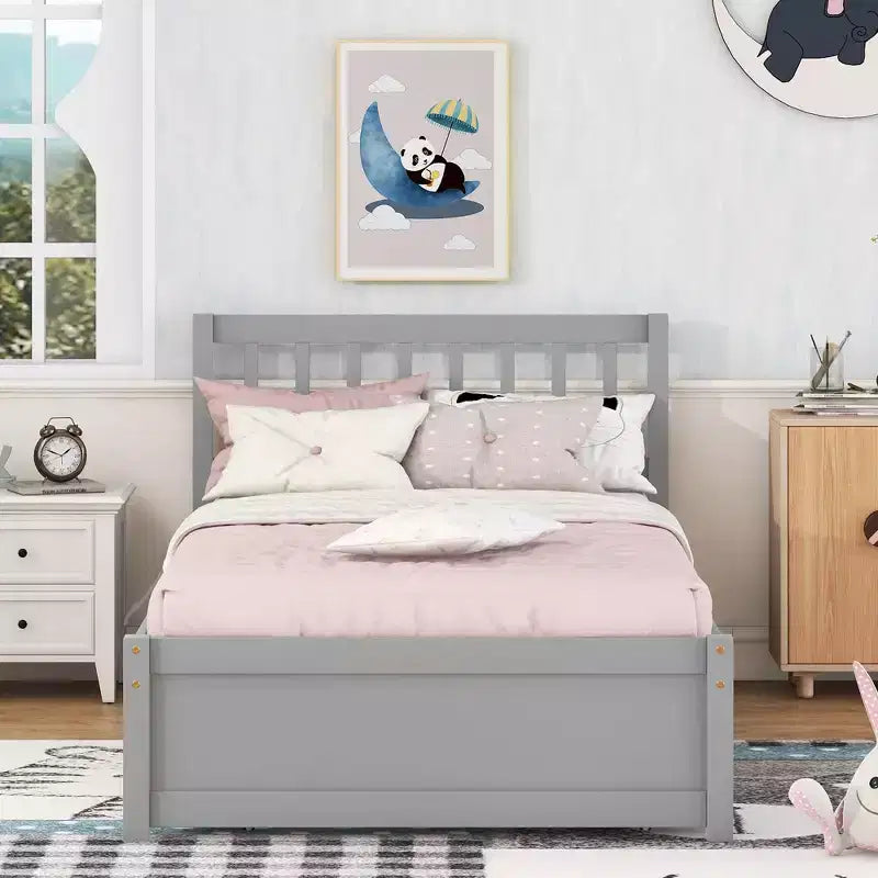 Cadre de lit double Bellemave avec lit gigogne, lit plateforme en bois avec tête de lit, cadres de lit double pour enfants, adolescents, adultes, pas de sommier nécessaire, gris