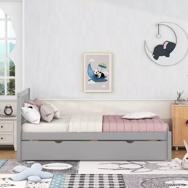 Cadre de lit double Bellemave avec lit gigogne, lit plateforme en bois avec tête de lit, cadres de lit double pour enfants, adolescents, adultes, pas de sommier nécessaire, gris