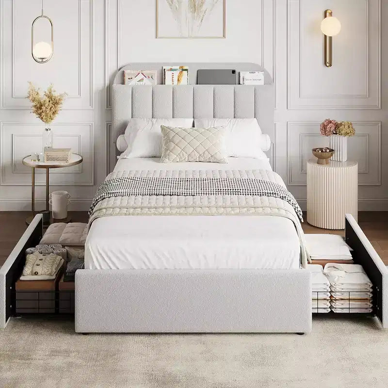 Coolmee Twin/Full/Queen Size Bed Frame with Storage Headboard, Girls Bed Frame with 2 Drawers, Boucle Upholstered Platform Bed with Bookcase