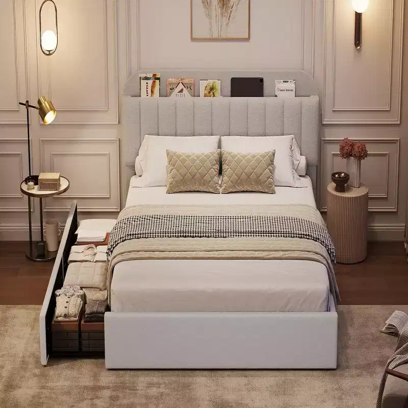Coolmee Twin/Full/Queen Size Bed Frame with Storage Headboard, Girls Bed Frame with 2 Drawers, Boucle Upholstered Platform Bed with Bookcase