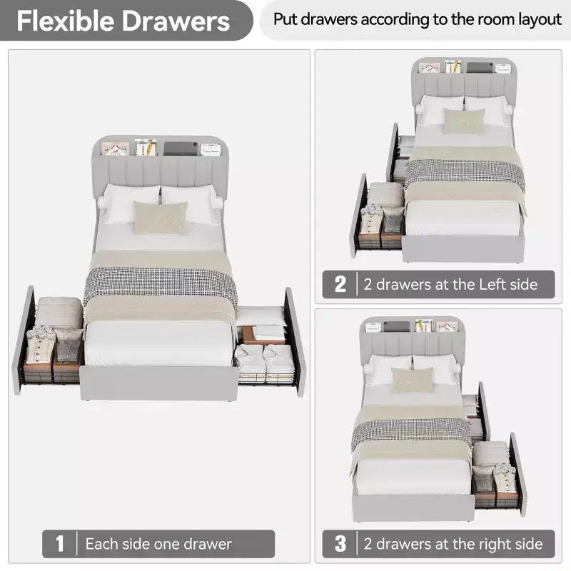 Coolmee Twin/Full/Queen Size Bed Frame with Storage Headboard, Girls Bed Frame with 2 Drawers, Boucle Upholstered Platform Bed with Bookcase