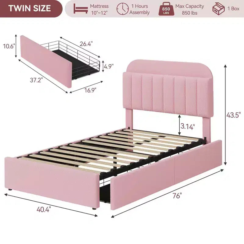 Coolmee Twin/Full/Queen Size Bed Frame with Storage Headboard, Girls Bed Frame with 2 Drawers, Boucle Upholstered Platform Bed with Bookcase