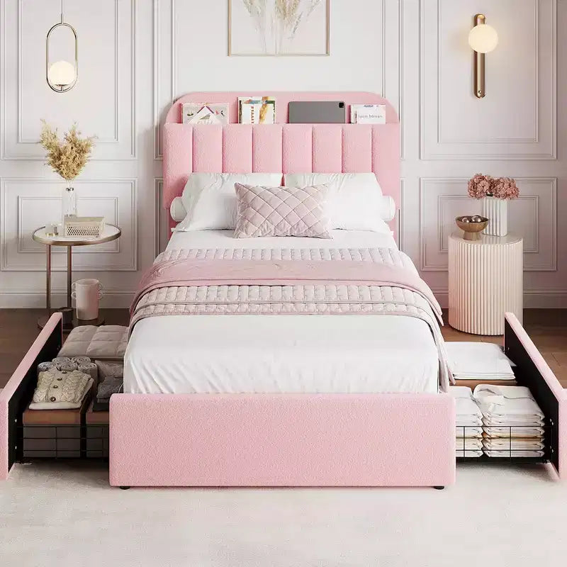 Coolmee Twin/Full/Queen Size Bed Frame with Storage Headboard, Girls Bed Frame with 2 Drawers, Boucle Upholstered Platform Bed with Bookcase