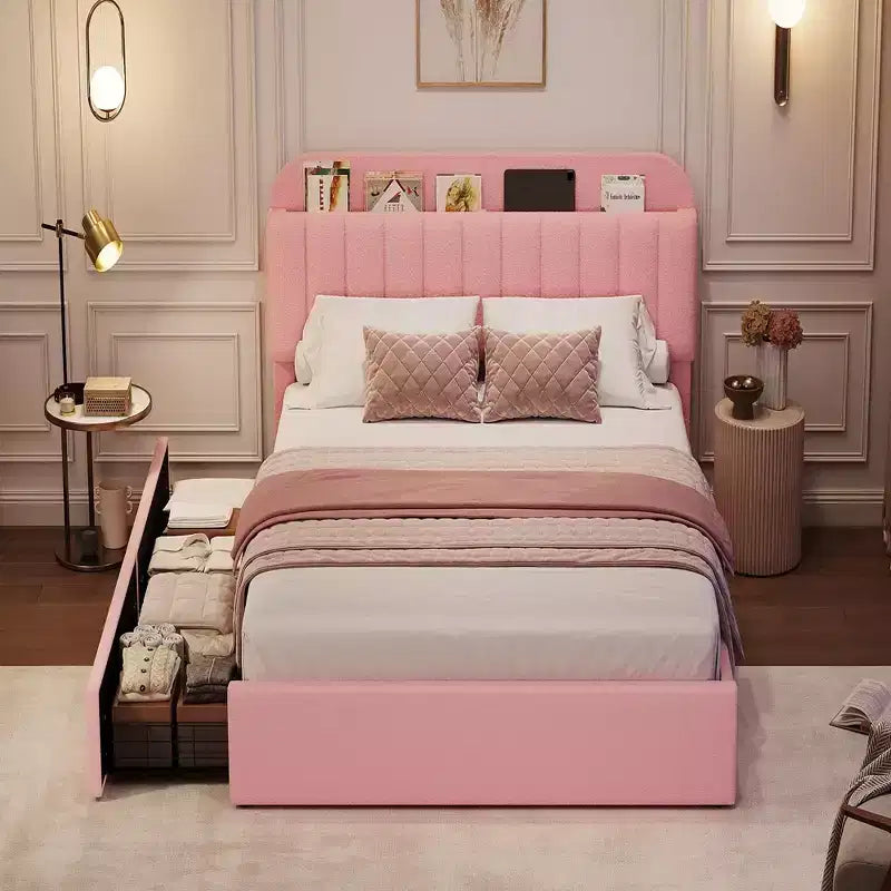 Coolmee Twin/Full/Queen Size Bed Frame with Storage Headboard, Girls Bed Frame with 2 Drawers, Boucle Upholstered Platform Bed with Bookcase