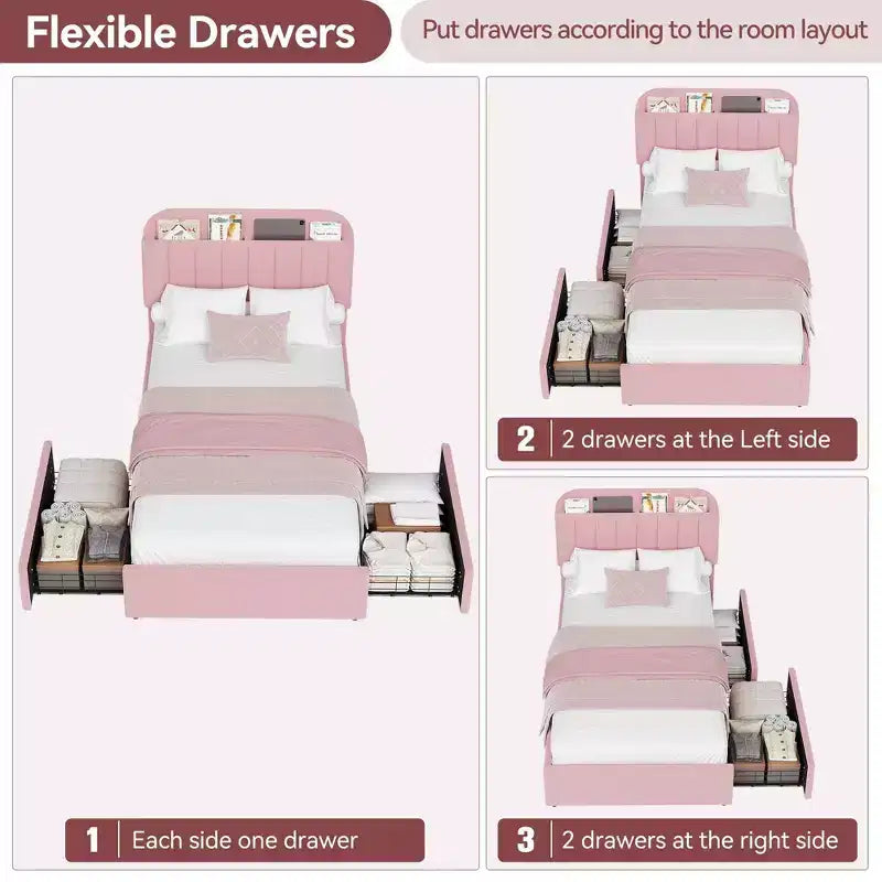 Coolmee Twin/Full/Queen Size Bed Frame with Storage Headboard, Girls Bed Frame with 2 Drawers, Boucle Upholstered Platform Bed with Bookcase