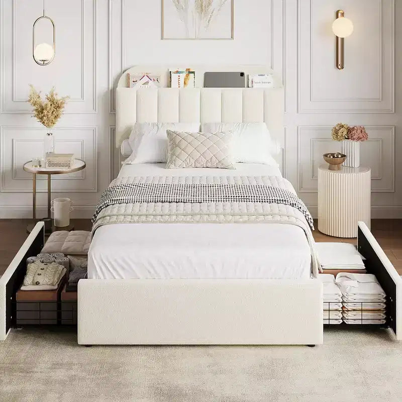 Coolmee Twin/Full/Queen Size Bed Frame with Storage Headboard, Girls Bed Frame with 2 Drawers, Boucle Upholstered Platform Bed with Bookcase