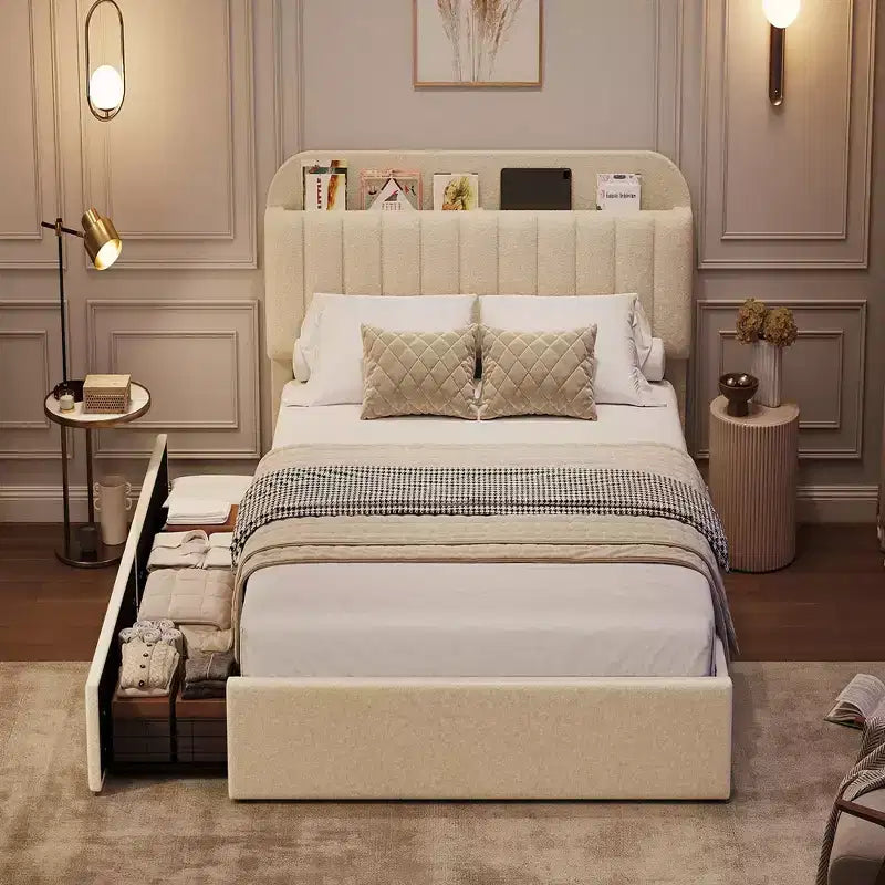 Coolmee Twin/Full/Queen Size Bed Frame with Storage Headboard, Girls Bed Frame with 2 Drawers, Boucle Upholstered Platform Bed with Bookcase