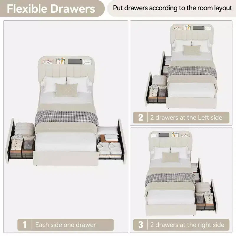 Coolmee Twin/Full/Queen Size Bed Frame with Storage Headboard, Girls Bed Frame with 2 Drawers, Boucle Upholstered Platform Bed with Bookcase