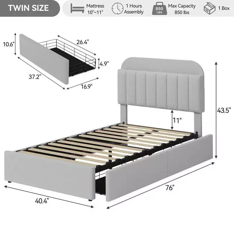 Coolmee Twin/Full/Queen Size Bed Frame with Storage Headboard, Girls Bed Frame with 2 Drawers, Boucle Upholstered Platform Bed with Bookcase